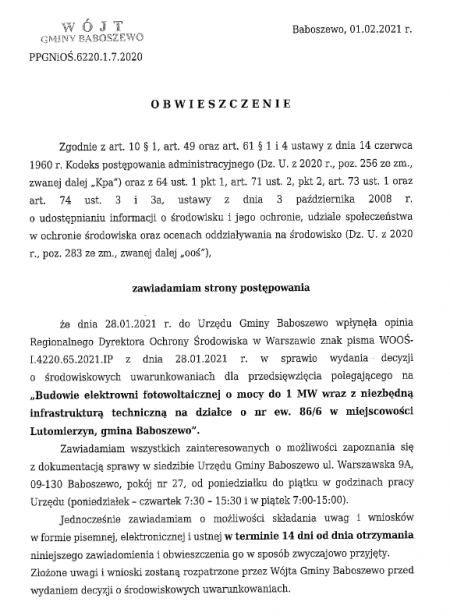 Obwieszczenie Wójta Gminy Baboszewo PPGNiOŚ.6220.1.8.2021 z dnia 01.02.2021 r.