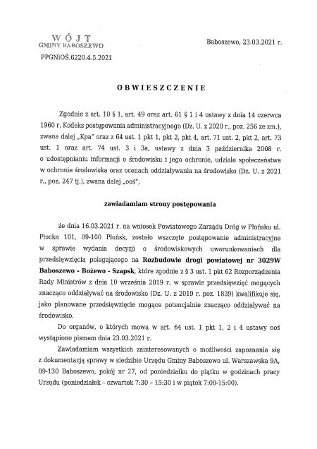 Obwieszczenie Wójta Gminy Baboszewo PPGNiOŚ.4.5.2021 z dnia 23.03.2021 r.