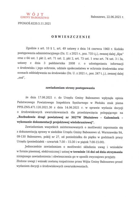 Obwieszczenie Wójta Gminy Baboszewo PPGNiOŚ.5.11.2021 z dnia 22.06.2021 r.