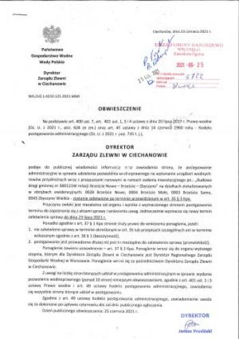 Obwieszczenie Dyrektora Zarządu Zlewni w Ciechanowie z dnia 23 czerwca 2021 r.