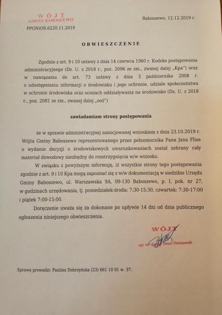 Obwieszczenie Wójta Gminy Baboszewo PPGNiOŚ.6220.11.2019 z dnia 12.12.2019 r.