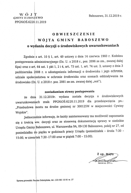 Obwieszczenie Wójta Gminy Baboszewo