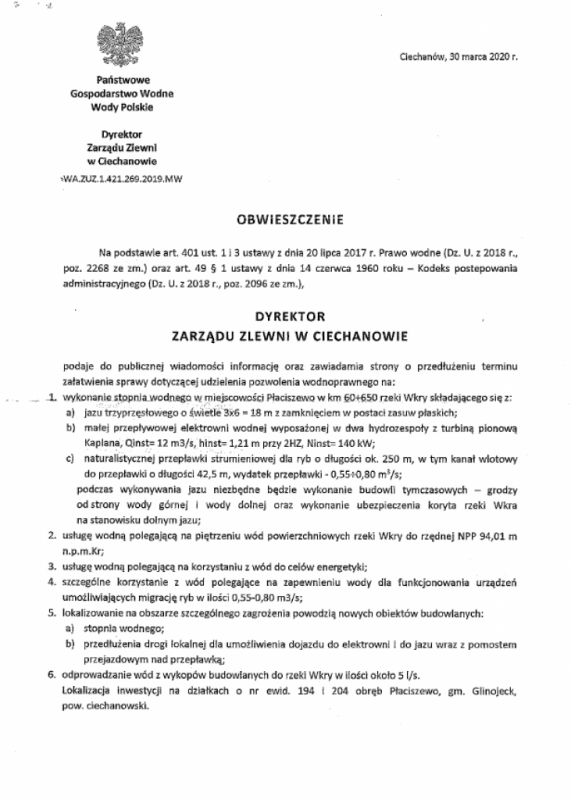 Obwieszczenie Dyrektora Zarządu Zlewni w Ciechanowie z dnia 30.03.2020 r.