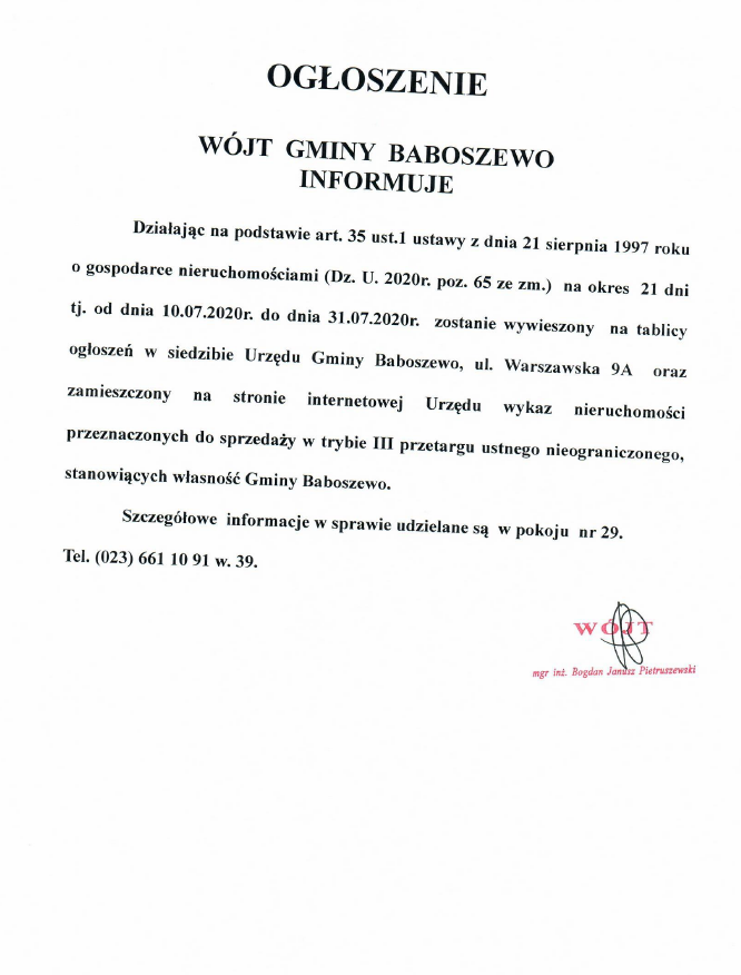 Ogłoszenie Wójta Gminy Baboszewo