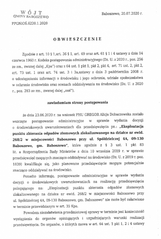 Obwieszczenie Wójta Gminy Baboszewo, znak: PPGNiOŚ.6220.1.2020 z dnia 20.07.2020 r.