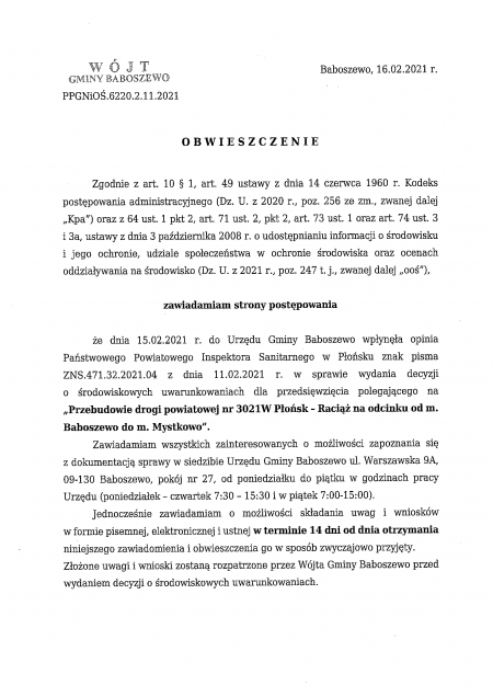 Obwieszczenie Wójta Gminy Baboszewo PPGNiOŚ.6220.2.11.2021 z dnia 16.02.2021 r.