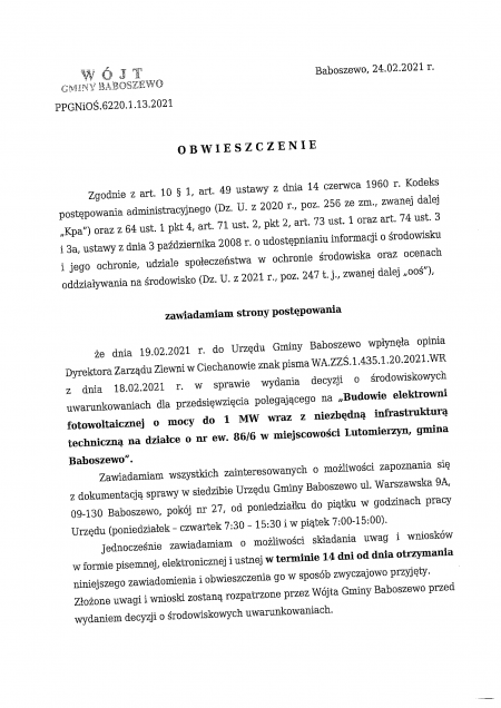 Obwieszczenie Wójta Gminy Baboszewo PPGNiOŚ.6220.1.13.2021 z dnia 24.02.2021 r.