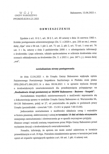 Obwieszczenie Wójta Gminy Baboszewo z dnia 13.04.2021 r. znak: PPGNiOŚ.6220.4.21.2021