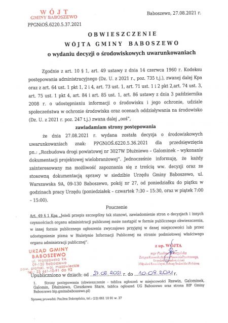 Obwieszczenie Wójta Gminy Baboszewo PPGNiOŚ.6220.5.36.2021 z dnia 27.08.2021 r.