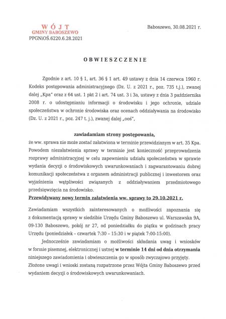 Obwieszczenie Wójta Gminy Baboszewo PPGNiOŚ.6220.6.28.2021 z dnia 30.08.2021 r.